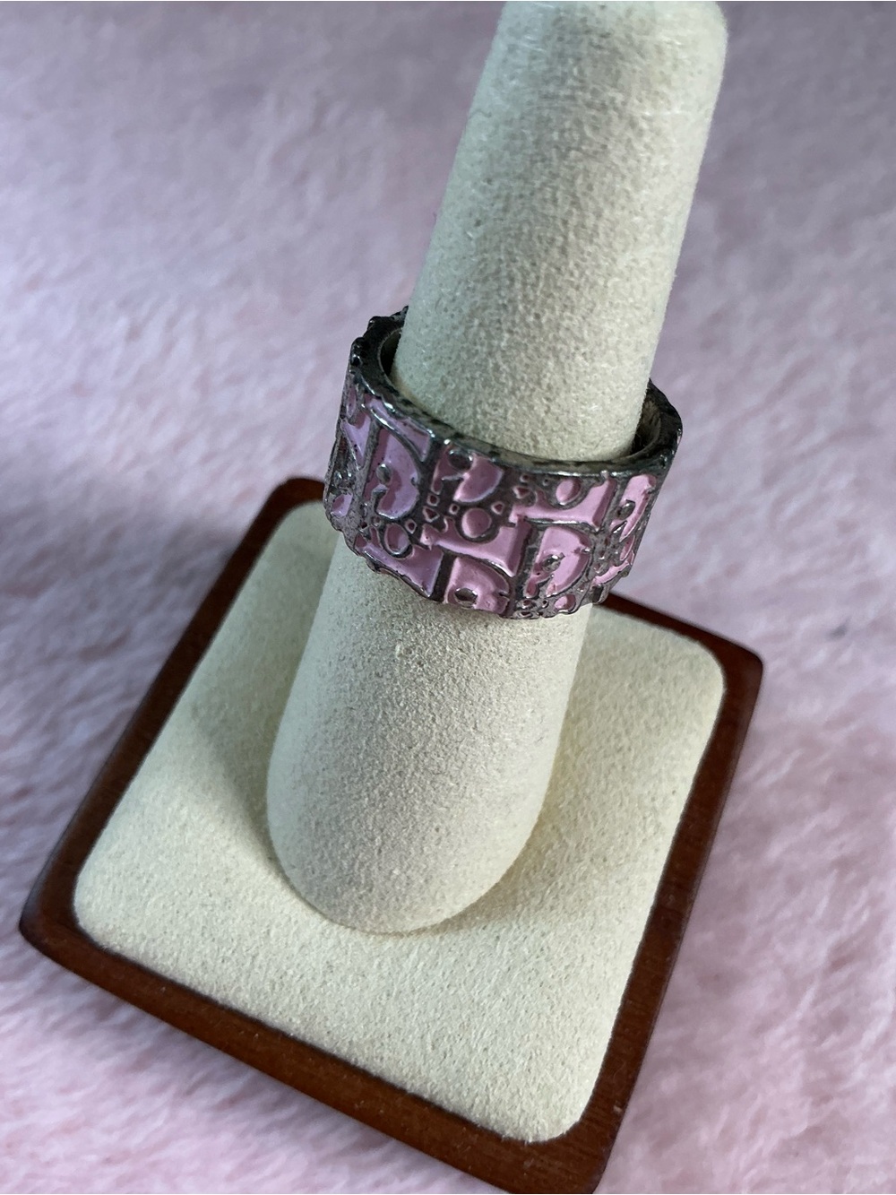 Vintage Christian Dior Pink Trotter Monogram Enamel Ring Size 6 Y2K